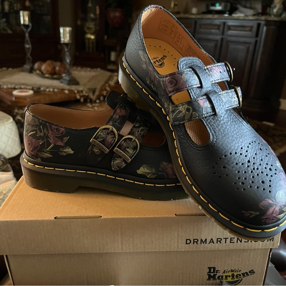 Dr. Martens Black and Purple Floral Buckle Shoes. New in  box.